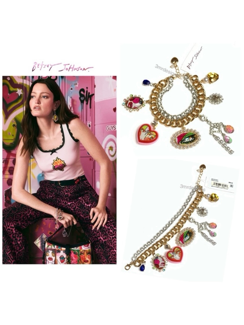 NWT Betsey Johnson 💋Exclusive ART CAMPAIGN CHARM Gold Tone Statement Bracelet